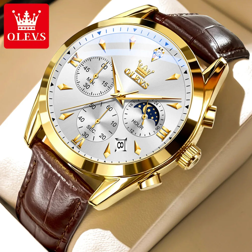 OLEVS 3609 Original Moon Phase Chronograph Man Watch Leather Strap Waterproof Luminous Luxury Brand Quartz Wrist Watches for Men