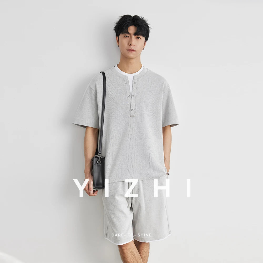 2025 New Men's Sports Suit Henry Collar Two-piece Casual Outdoor Loose Short Sleeve Shorts Fashion Korean Men's Summer Suit