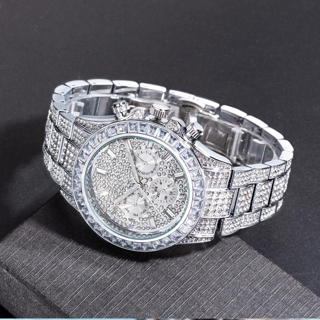 MISSFOX Blingbling Wristwatch For Men Luxury Colour Diamond Calendar Quartz Watch Hip Hop Fashion Waterproof Man Clock Hot Sale