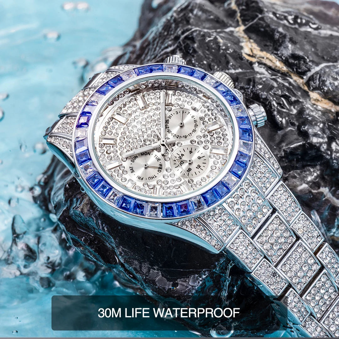 MISSFOX Blingbling Wristwatch For Men Luxury Colour Diamond Calendar Quartz Watch Hip Hop Fashion Waterproof Man Clock Hot Sale