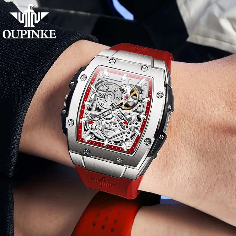 OUPINKE 3213 Mens Watch Skeleton Automatic Mechanical Watch 50M Waterproof Silicone Strap Sports Watch Sapphire Lens Gift Box