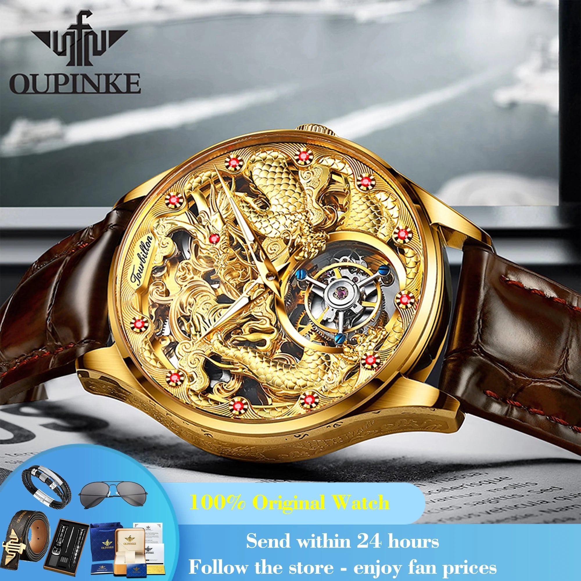 OUPINKE 3176 Men's Watch Tourbillon Mechanical Watch For Men Dragon Dial Hollow Flywheel Deep Waterproof Automatic Wristwatch