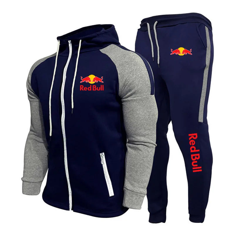 2025 New Red Bull Logo Racing Suit Men's Outdoor Sports Set Running Hooded Jacket Sweatshirt Sports Pants Two-Piece Training Set