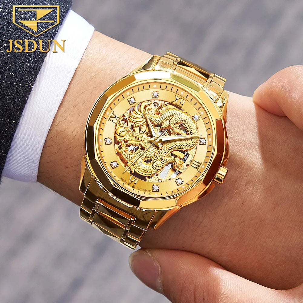 JSDUN Gold 3D Dragon Dial Watch For Men Luxury Brand Automatic Mechanical Watch Stainless Steel Strap Hollow-carved Reloj Hombre