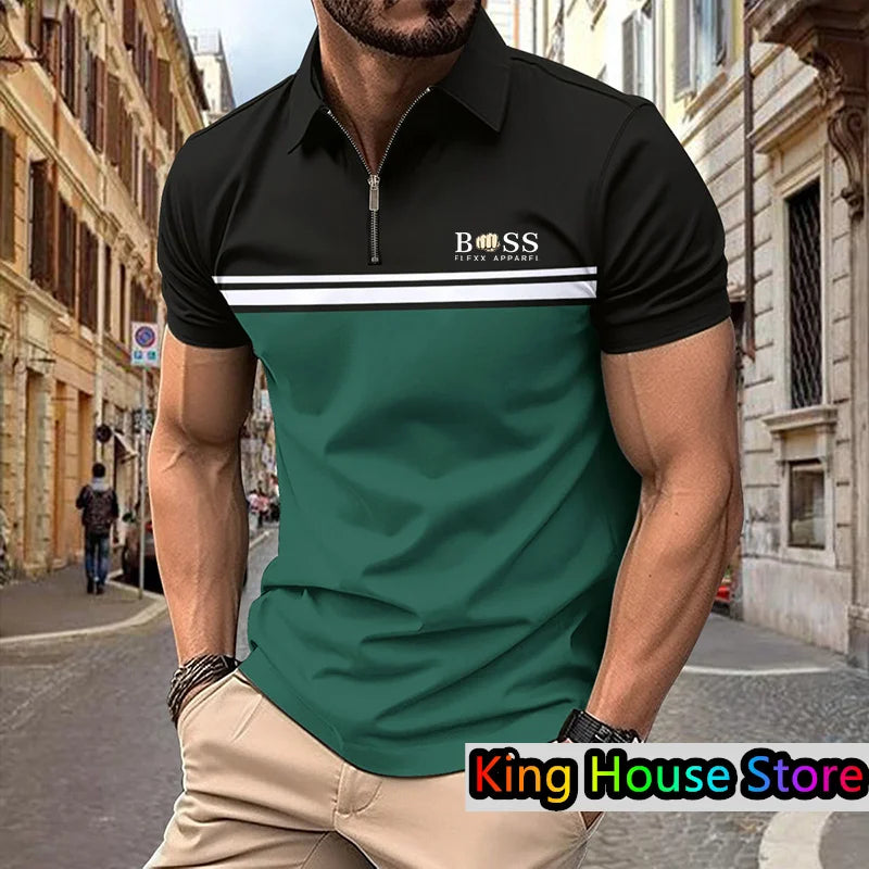 Men's Polo Shirt Summer Streetwear Boss 3d Printe Golf Short Sleeve Business Casual Zipper Polo Sportswear Male Clothing For Men