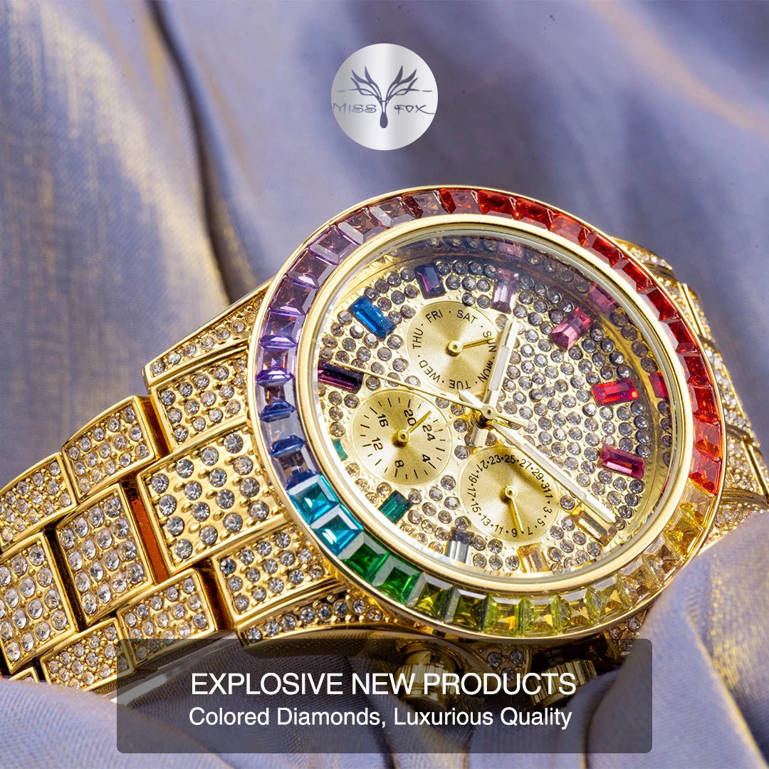 MISSFOX Blingbling Wristwatch For Men Luxury Colour Diamond Calendar Quartz Watch Hip Hop Fashion Waterproof Man Clock Hot Sale