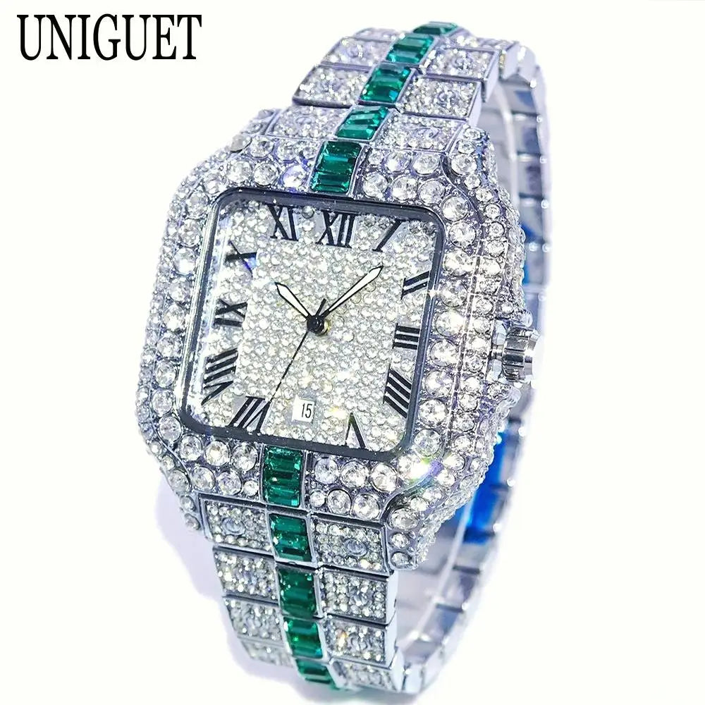 Fashion Watch For Men Brand UNIGUET Luxury Square Iced Out Quartz Watch Man Hip Hop Blue Diamond Jewelry Wristwatch Reloj Hombre