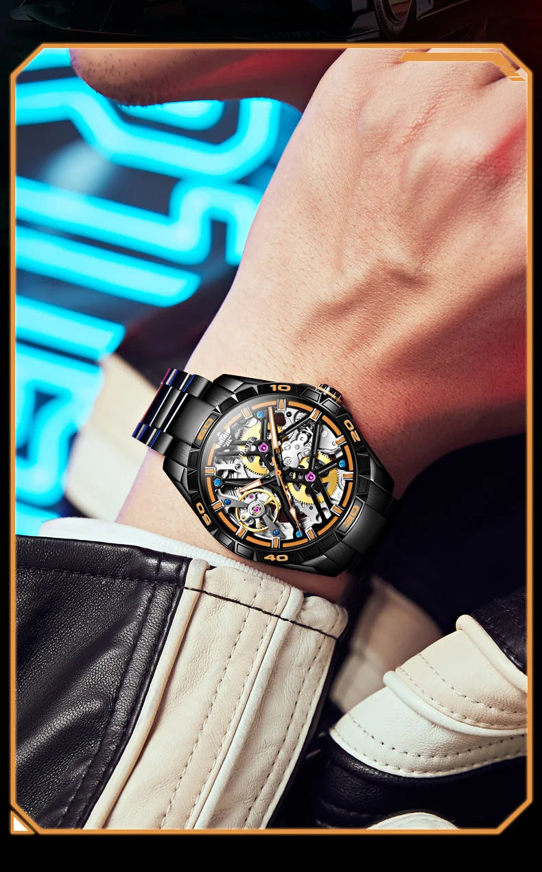 OUPINKE 3196 Luxury Business High Quality Mens Watch Skeleton Automatic Mechanical Watch 50M Waterproof Luminous Sports Watches