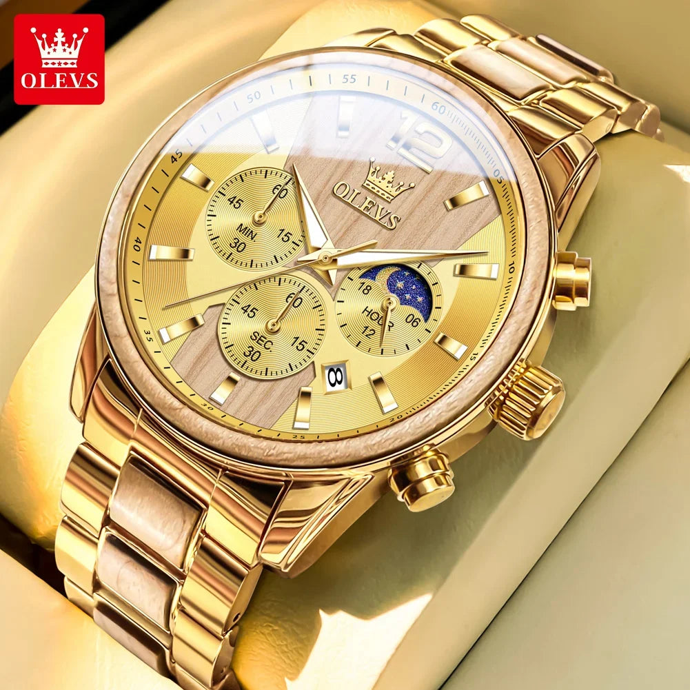 OLEVS 3645 Mens Watch Top Business Quartz Watch Solid Wood Multifunctional Chronograph Watch Moon Phase Reloj New