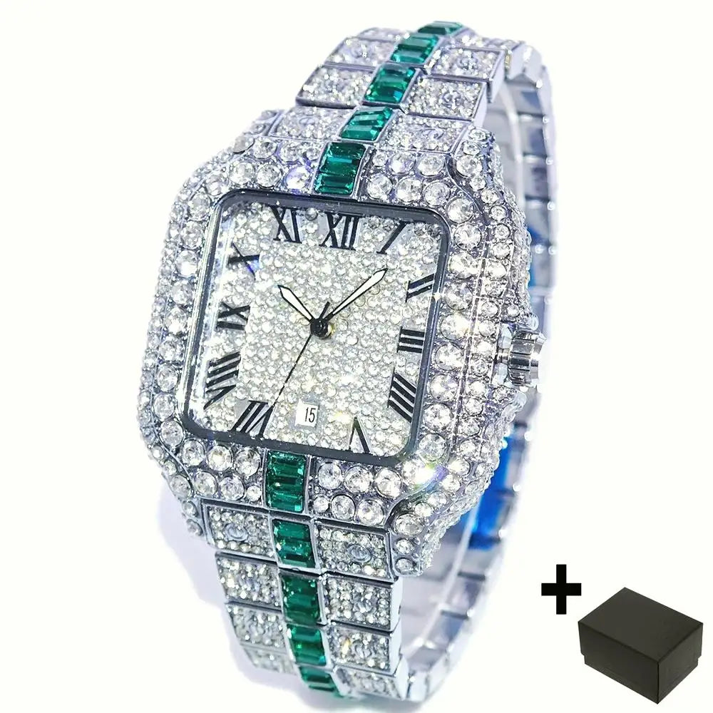 Fashion Watch For Men Brand UNIGUET Luxury Square Iced Out Quartz Watch Man Hip Hop Blue Diamond Jewelry Wristwatch Reloj Hombre