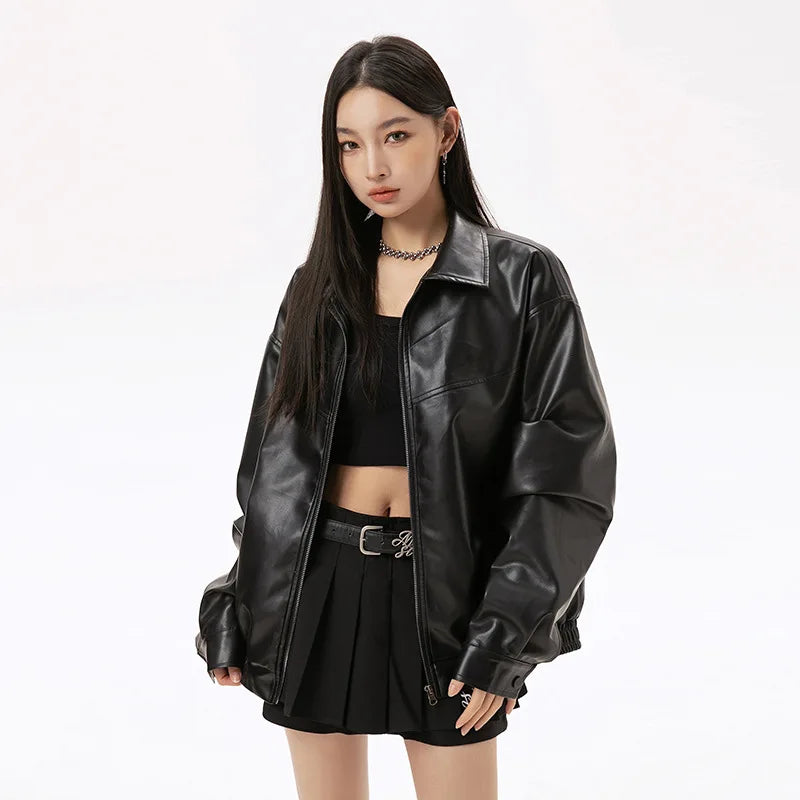 Black leather jacket for both men and women - new autumn product of retro fashion brand - trendy high street jacket for couples