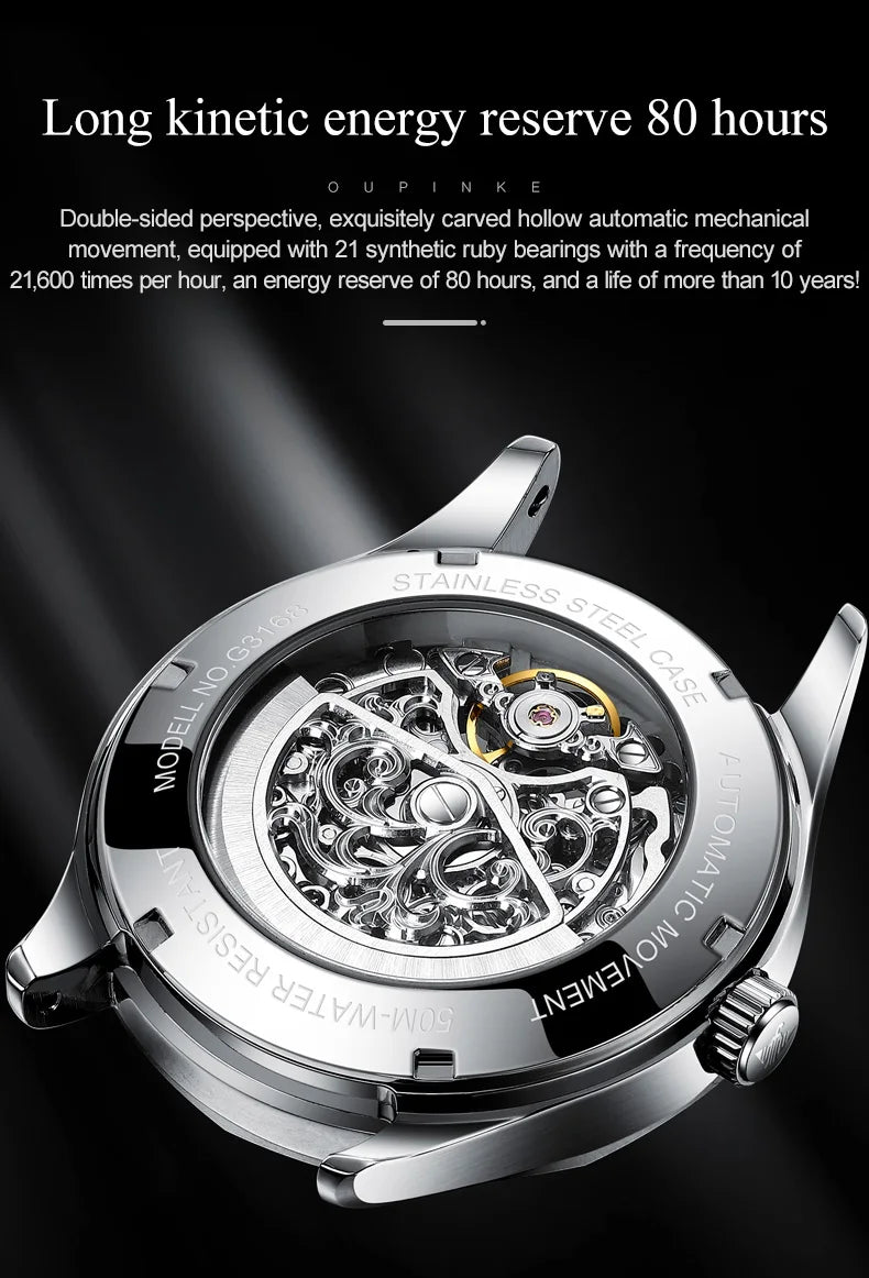OUPINKE Tungsten Steel Strip Men's Watches Fully Transparent Dial Automatic Mechanical Watch Waterproof Sapphire Mirror Surface