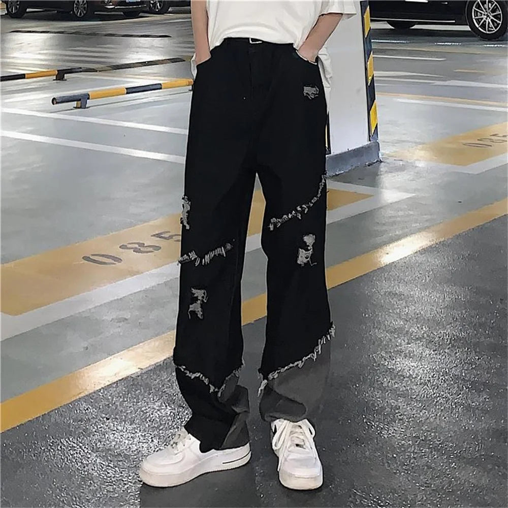 Baggy Ripped Jeans for Men Loose Denim Trousers Male Black Jeans Men Hip Hop Patchwork Jeans Korean Streetwear Spliced clothing