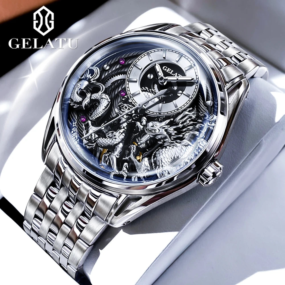 GELATU 6018 Men's Watch Top Brand Original Mechanical Watch For Men 50M Waterproof Luxury Hollow Dragon Automatic Wristwatch
