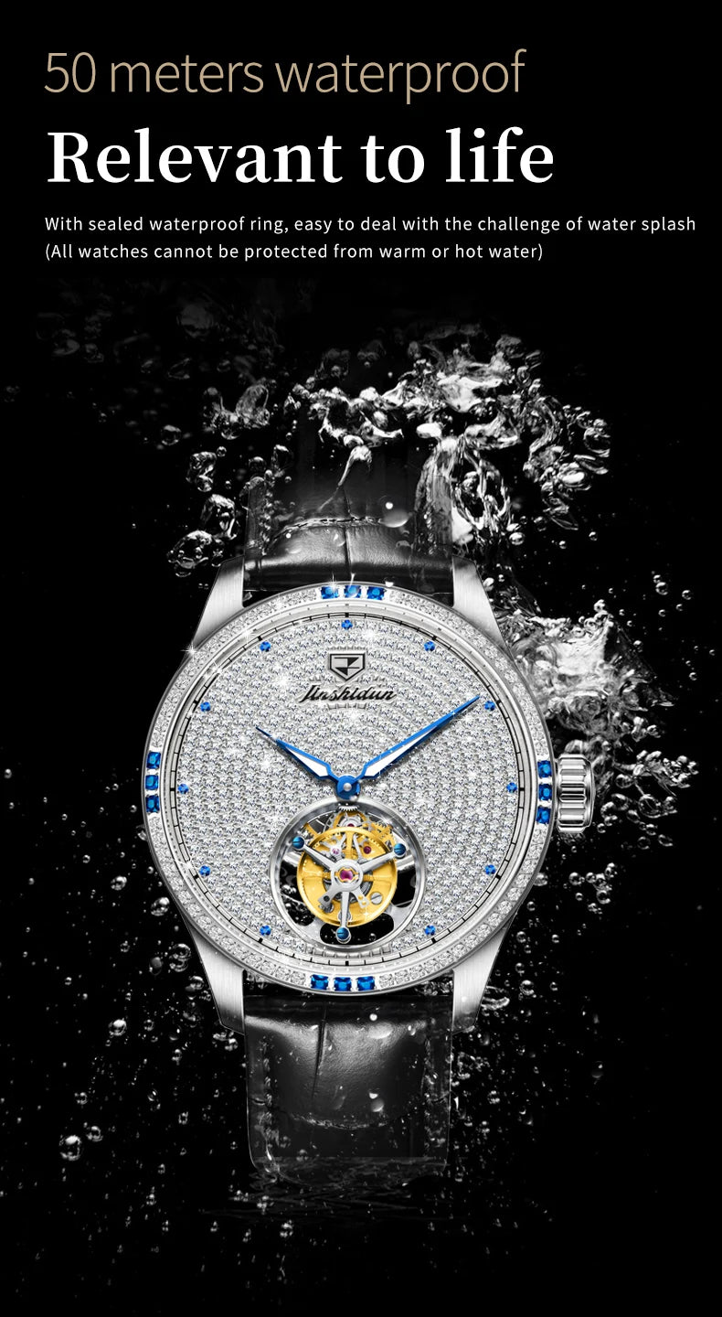 JSDUN Fully Diamond Tourbillon Automatic Watch for Men Genuine Leather Strap Sapphire Mirror Luxury Mechanical Man Wrist Watches