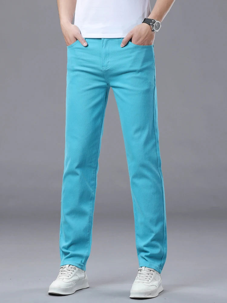 Men's Pink Jeans Spring Summer New Comfortable Elastic Fitted Straight Denim Trousers Fashion Korean Male Casual Pants