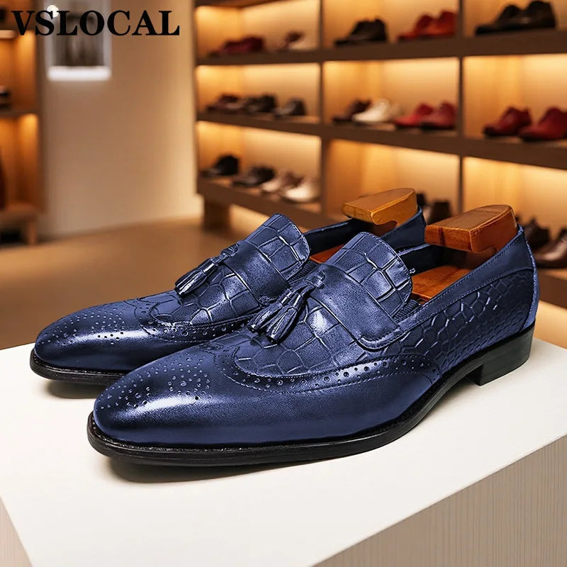 Italian Mens Shoes Blue Black Burgundy Wing Tip Casual Men Dress Shoes Loafers with tassels Leather Slip on Loafers Man