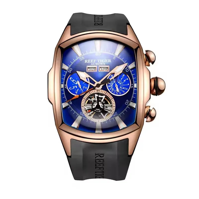 Reef Tiger 316L Stainless Steel Wine Barrel Automatic Watch Fashion Mulitfunction Tourbillon Mechanical Watches for Men RGA3069