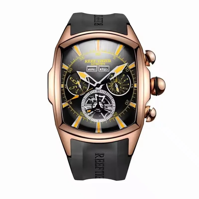 Reef Tiger 316L Stainless Steel Wine Barrel Automatic Watch Fashion Mulitfunction Tourbillon Mechanical Watches for Men RGA3069