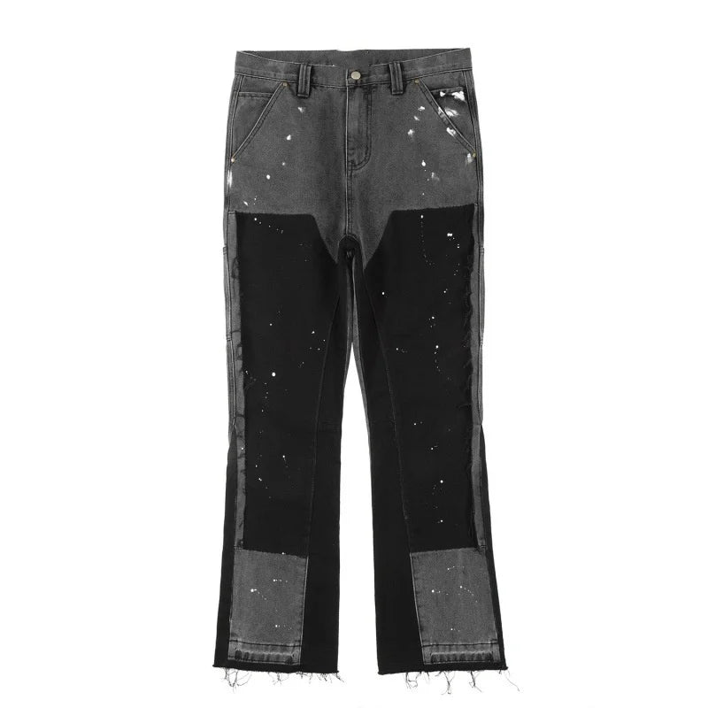 Vintage Mens Flared Leg Jeans Denim Hip Hop Splashing Ink Wide Leg Jean Pants Black Fashionable Retro Streetwear Baggy Jeans Y2k