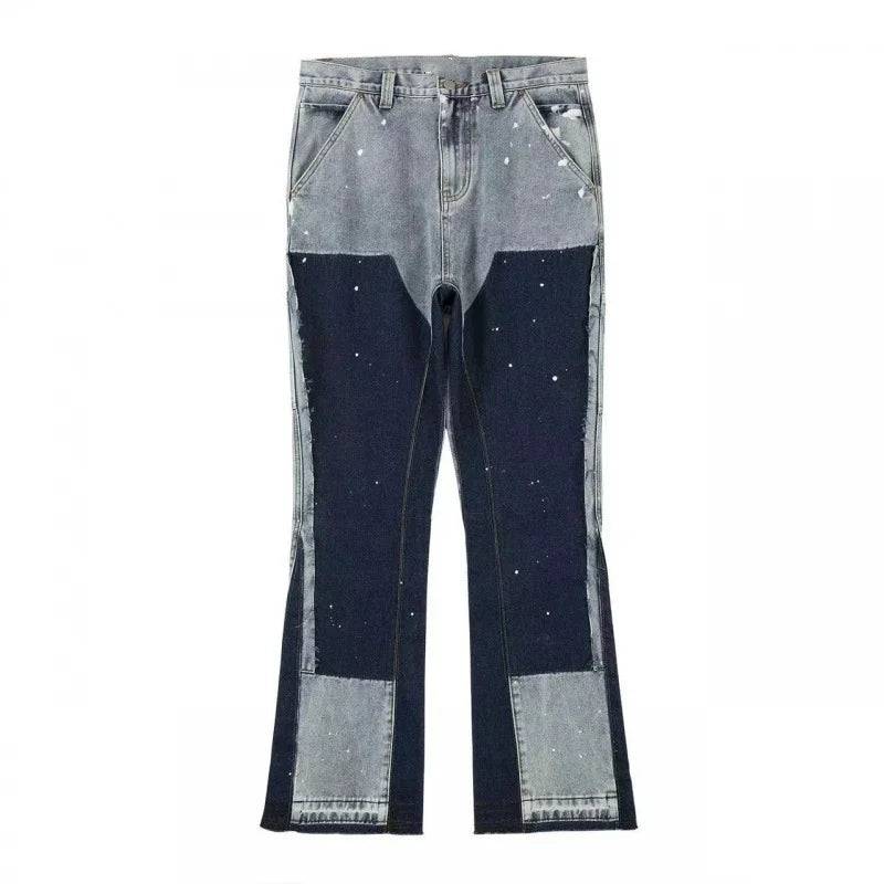 Vintage Mens Flared Leg Jeans Denim Hip Hop Splashing Ink Wide Leg Jean Pants Black Fashionable Retro Streetwear Baggy Jeans Y2k
