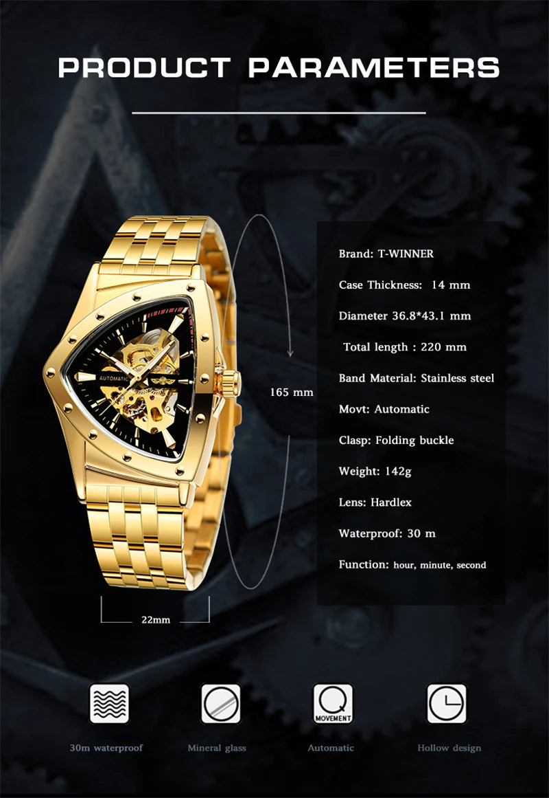 Winner 395S Premium Men's Luxury Automatic Mechanical Watch Stainless Steel Hollow Triangle Skeleton Dial Casual Men's Clock