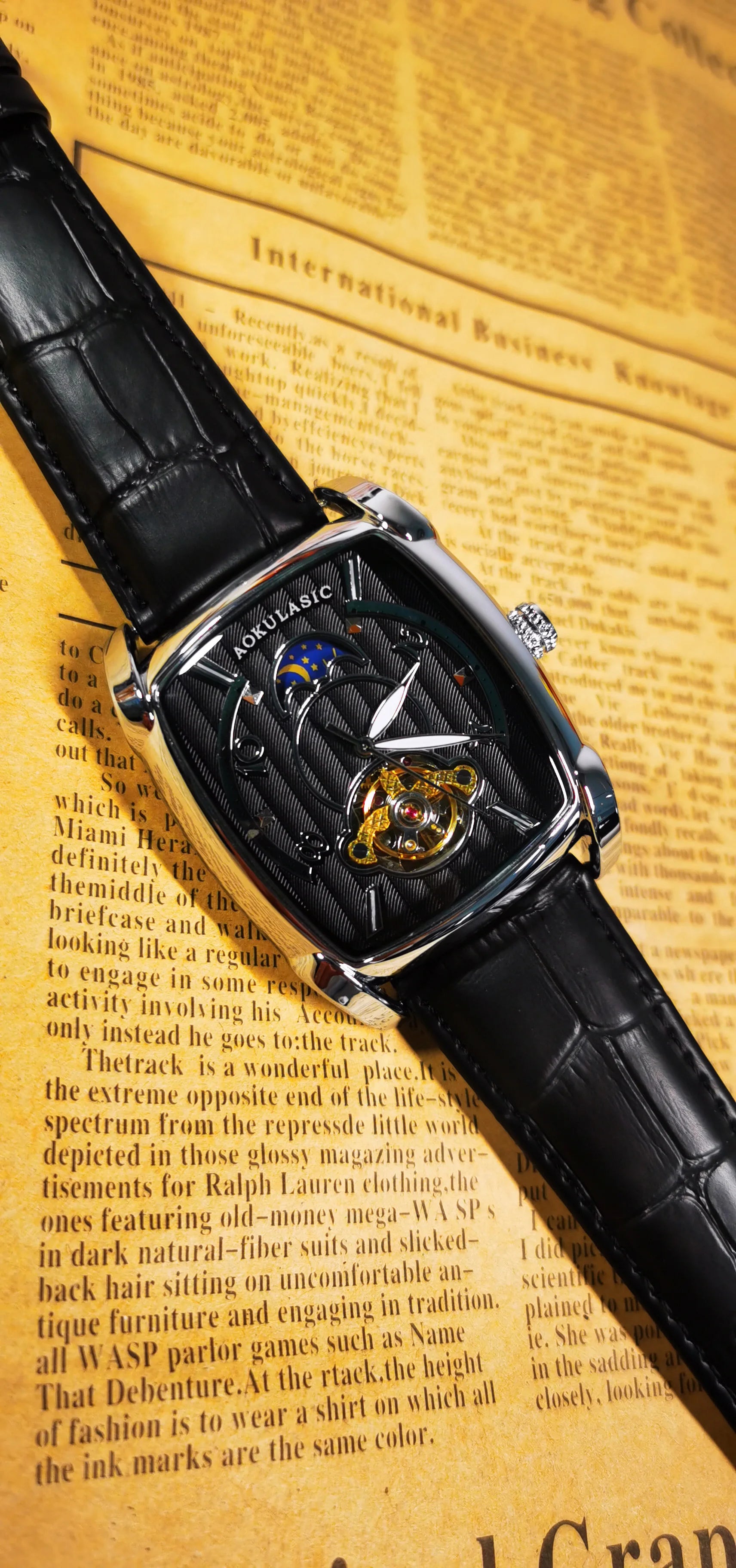 Tonneau Moon Phase Automatic Watch for Men Luxury Brand Tourbillon Skeleton Mechanical Watches Leather Belt Luminous Hands Clock