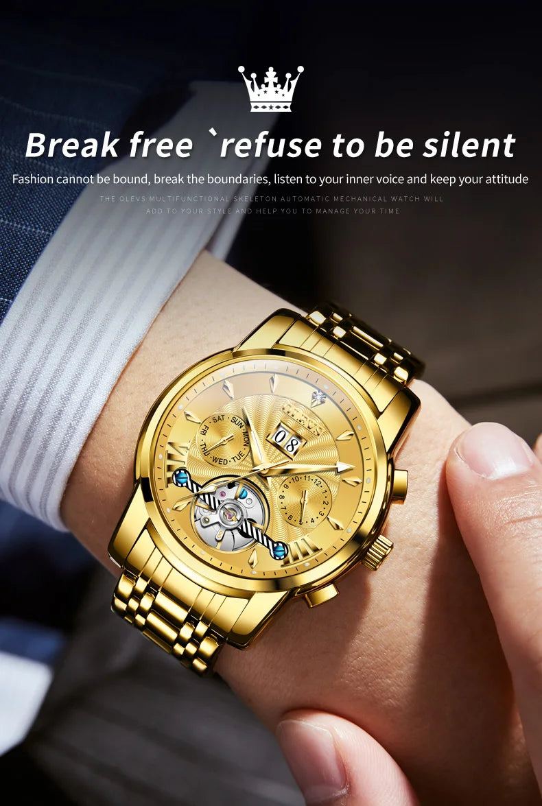 OLEVS Luxury Top Brand Watch for Men Automatic Mechanical Watches Waterproof Stainless Steel Skeleton Design Man Wristwatch