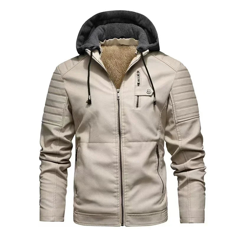 Faux Leather Jacket Men Fashion Men's Hooded Jackets Autumn Winter Military Style Outwear Zipper Pockets Coat Detachable Hat