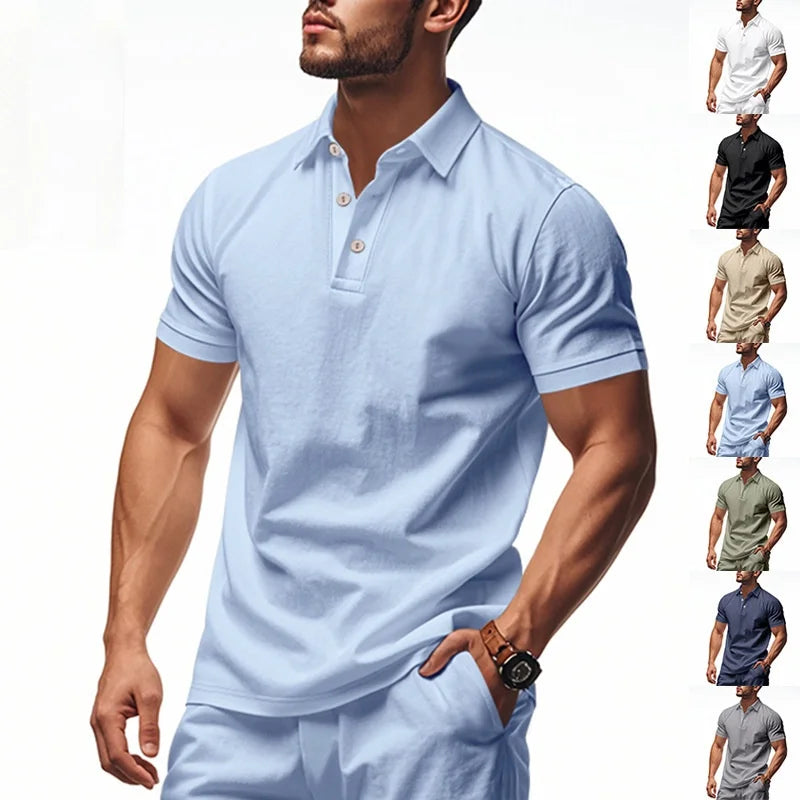 2025 New Solid Color Polo Shirt Men's Short Sleeve Button T shirts Lightweight Streetwear Casual Tops men Breathable Polo Shirt