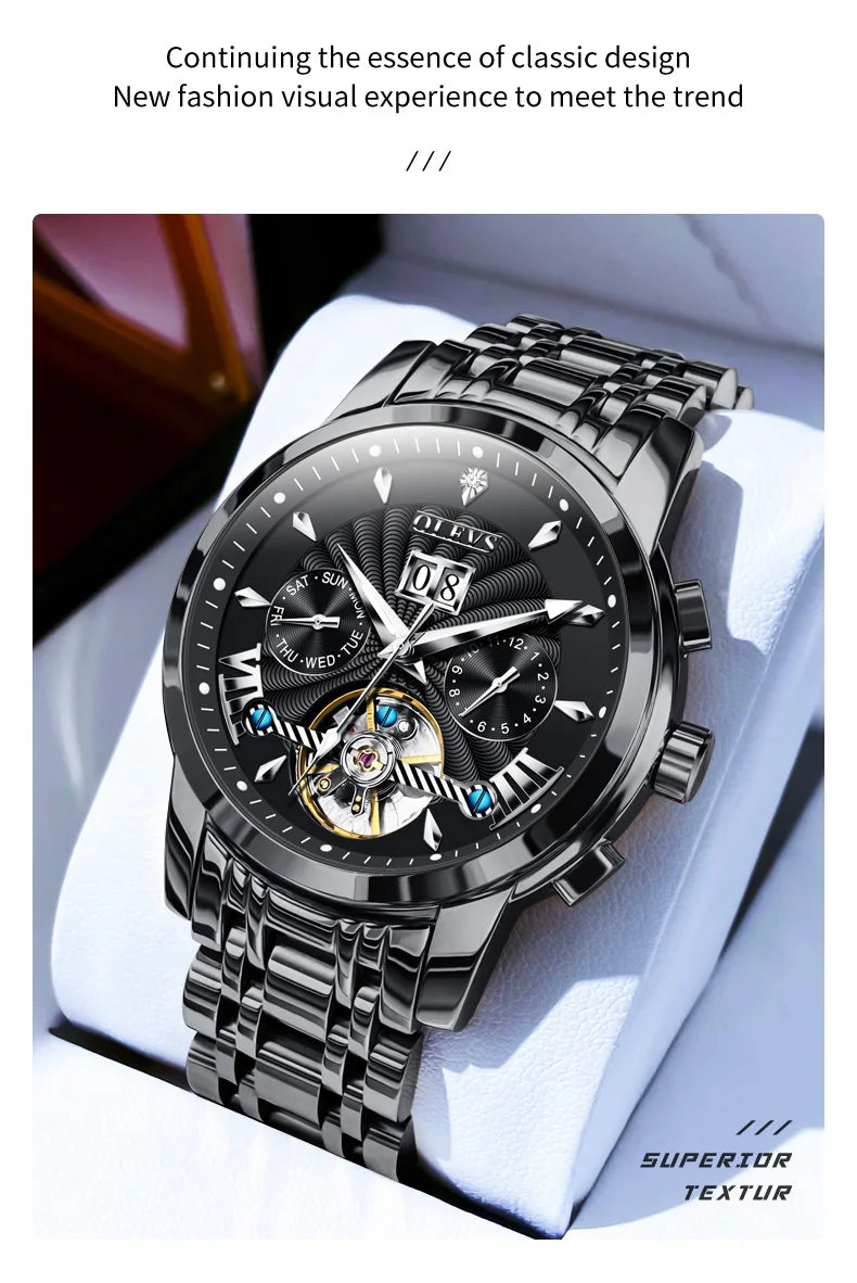OLEVS Luxury Top Brand Watch for Men Automatic Mechanical Watches Waterproof Stainless Steel Skeleton Design Man Wristwatch