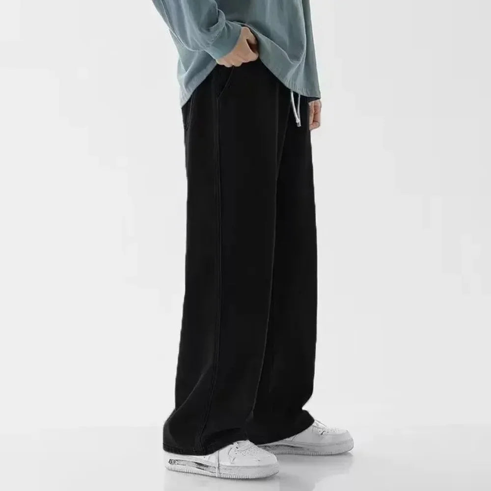 Blue Washed Denim Jeans for Men Straight Loose Fit Wide Leg American Style High Street Casual Pants Trendy Simple