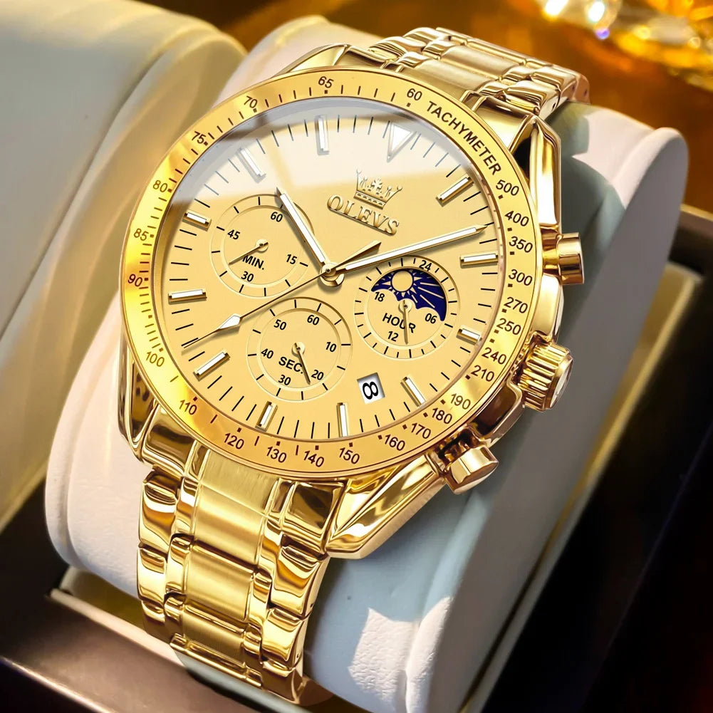 OLEVS Top Fashion All Steel Men Watch Trend Quartz Watch Moon Phase Luminous Steel Strip Waterproof Male Wristwatch