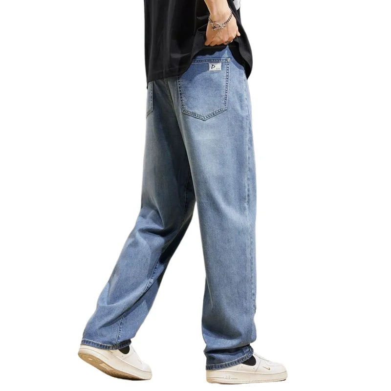 Baggy Jeans Summer Men's Jeans Baggy Soft Drape Loose Comfortable Wide-leg Ice Silk Pants Retro Elastic Casual Denim Trousers