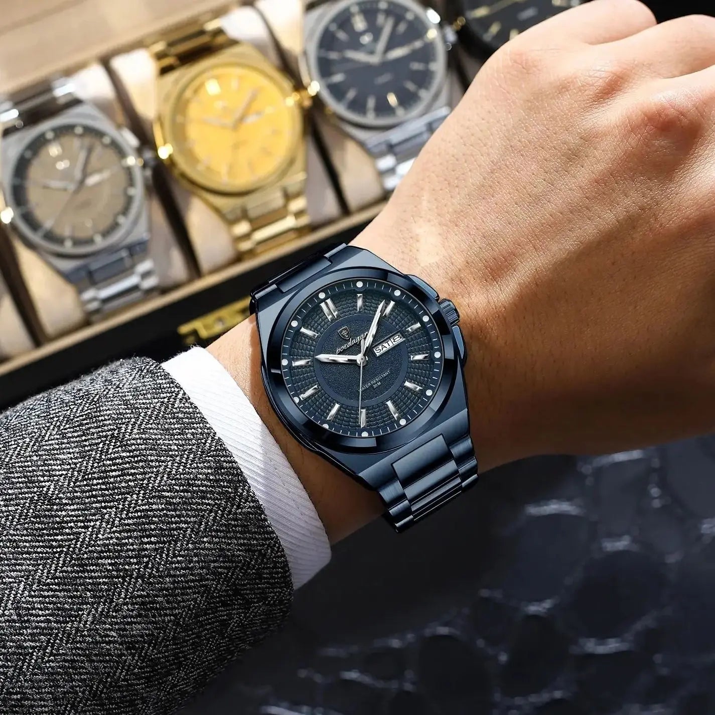 POEDAGAR Fashion Classic Men Wristwatches Stainless Steel Waterproof Luminous Man Watch Date Week Quartz Business Men's Watches