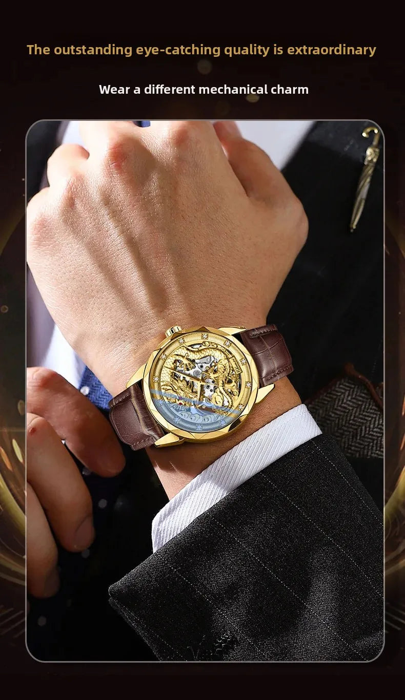 Men's Automatic Mechanical Watch Night Glow Waterproof Relief New Fashion Business Leather Steel Band Luxury Timepiece