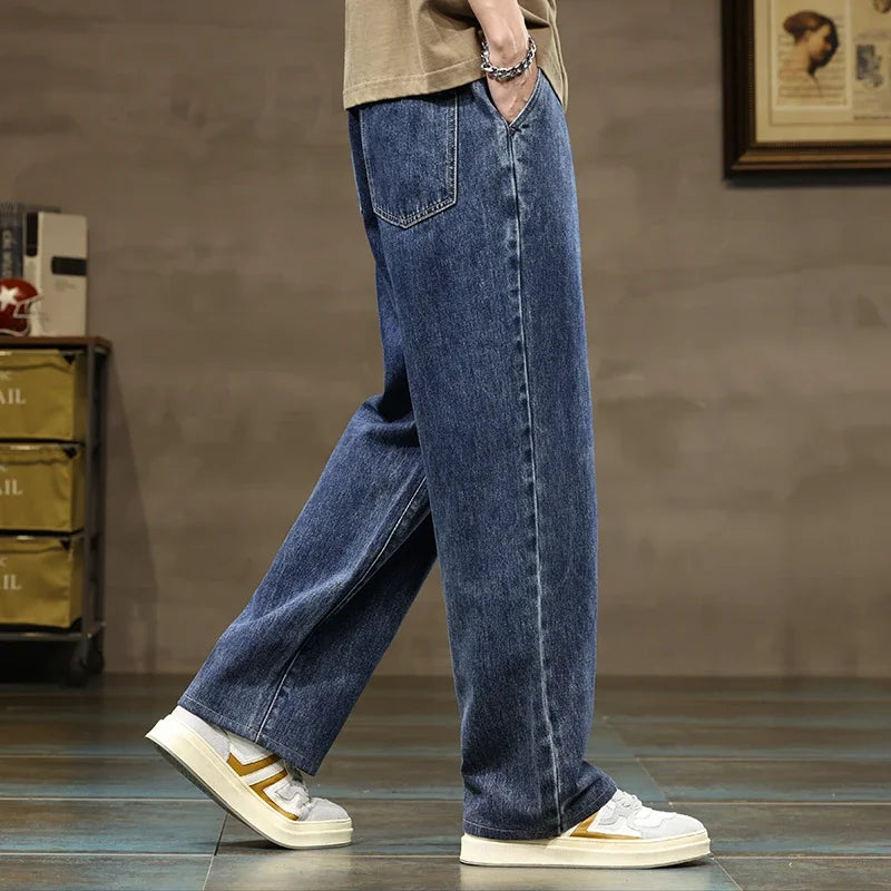 Branded Men's Baggy Jeans Classic Drawstring Loose Casual Straight Pants College Students Daily Versatile Blue Pants