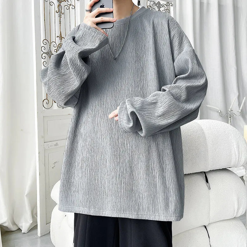 Men's High Street Long Sleeve T-Shirt - Trendy Casual Top Loose Fit Comfortable Wear, Modern Minimalist Style, Everyday Essentia