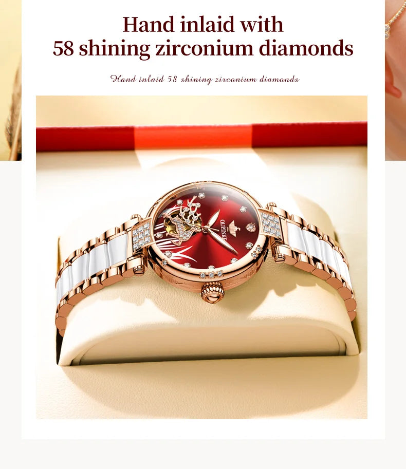 OUPINKE 3211 Women's Watch Elegant Rose Gold Diamond Ceramic Automatic Machinery Women's Watch Luxury Brand Women's Bracelet Set