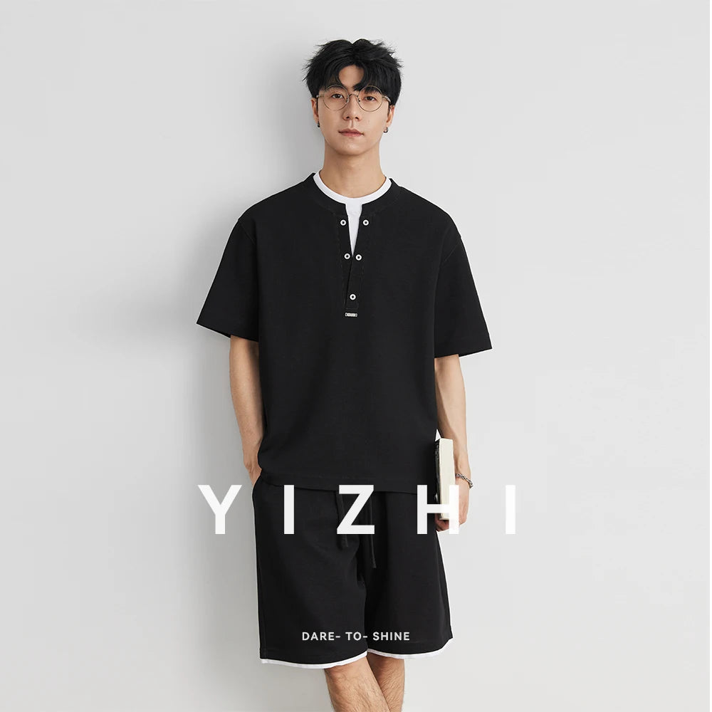 2025 New Men's Sports Suit Henry Collar Two-piece Casual Outdoor Loose Short Sleeve Shorts Fashion Korean Men's Summer Suit