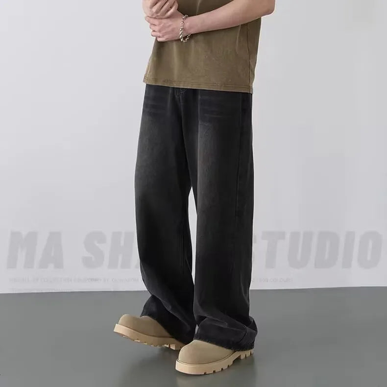 Men's New Denim Pants Old Blue Black Washed Spring Autumn Male Jeans Straight Casual Menwear Loose Wide Leg Trousers New Fashion