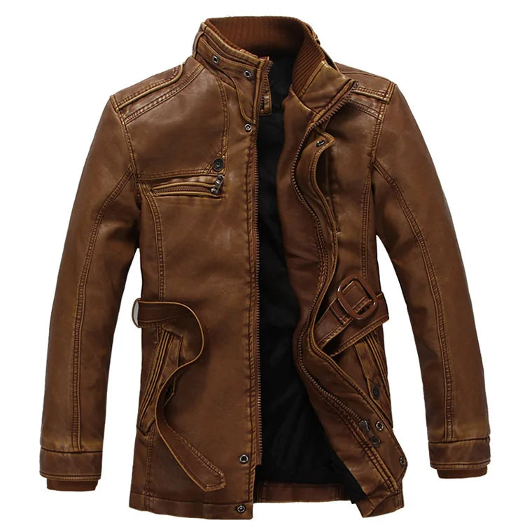 Men's Fashion Leather Long Jacket Men New Casual Vintage Blazer Winter Thick Motorcycle Biker Coat Men's Brand Design PU Jacket