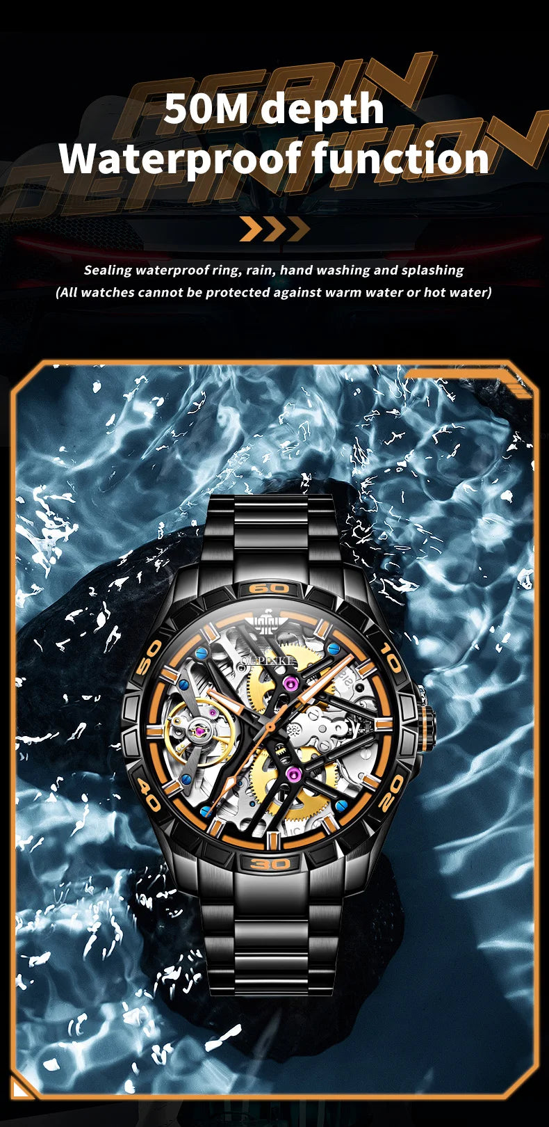 OUPINKE 3196 Luxury Business High Quality Mens Watch Skeleton Automatic Mechanical Watch 50M Waterproof Luminous Sports Watches