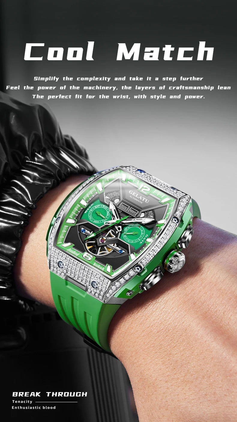 GELATU 6016 High-end Full Diamond Automatic Mechanical Watch for Men Multifunction Hollow Silicone Strap Men's Wristwatches