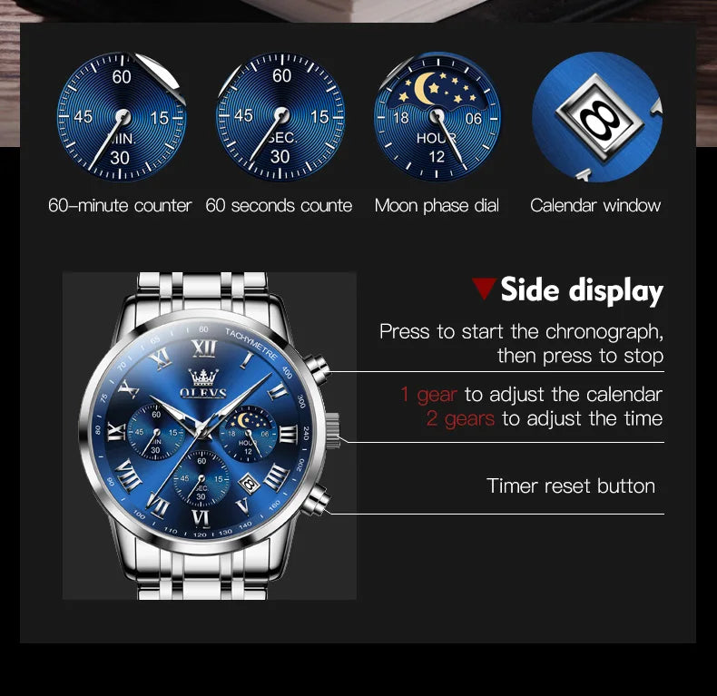 OLEVS 5529 Luxury Quartz Watch For Men Roman Scale Moon Phase Chronograph Man Watches Waterproof Luminous Calendar Wrist Watch