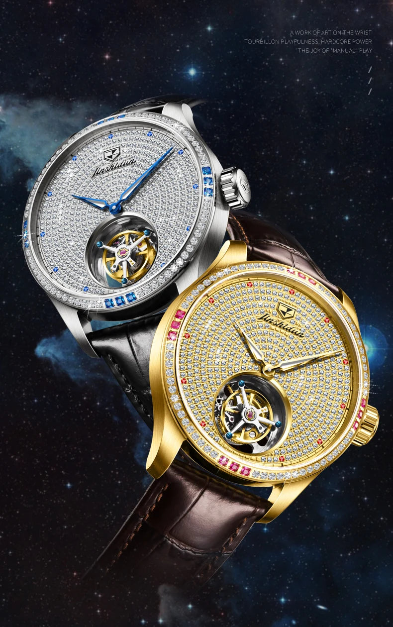 JSDUN Fully Diamond Tourbillon Automatic Watch for Men Genuine Leather Strap Sapphire Mirror Luxury Mechanical Man Wrist Watches