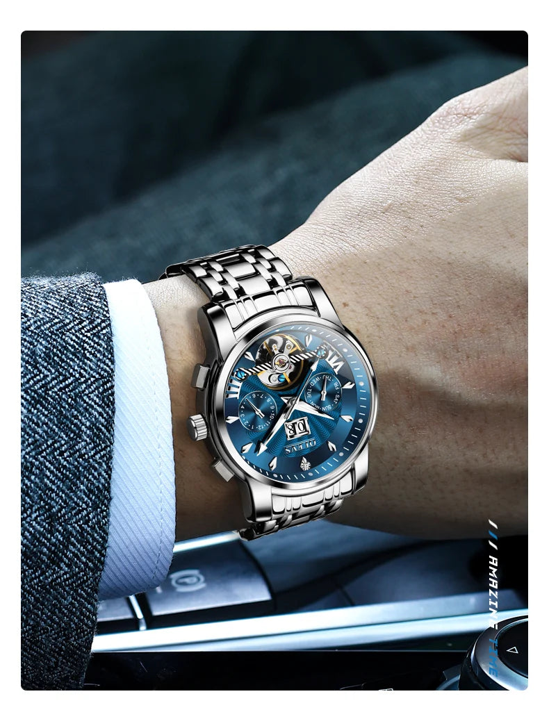 OLEVS Luxury Top Brand Watch for Men Automatic Mechanical Watches Waterproof Stainless Steel Skeleton Design Man Wristwatch