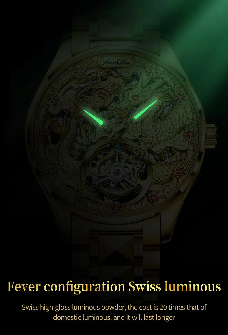 OUPINKE Top Luxury Men's Watches Original Tourbillon Mechanical Movement Sapphire Mirror Golden Dragon Pattern Dial Ruby Scale