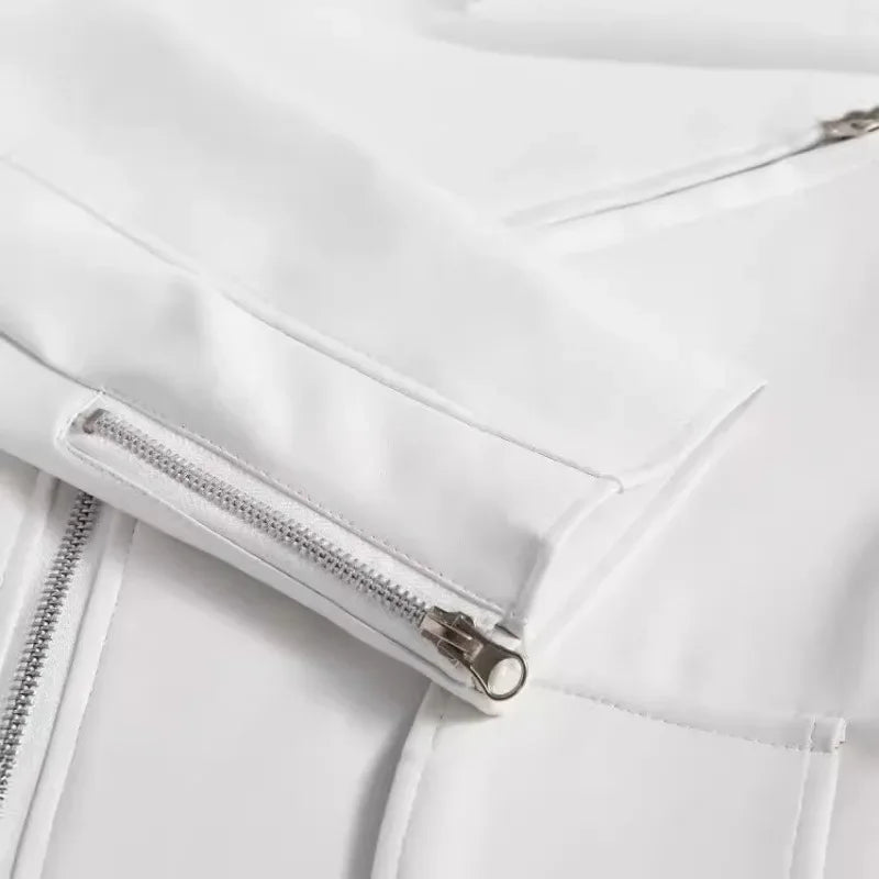 White Leather Jacket Men Fashion Solid Long Sleeve Turn-down Collar Mens Coat