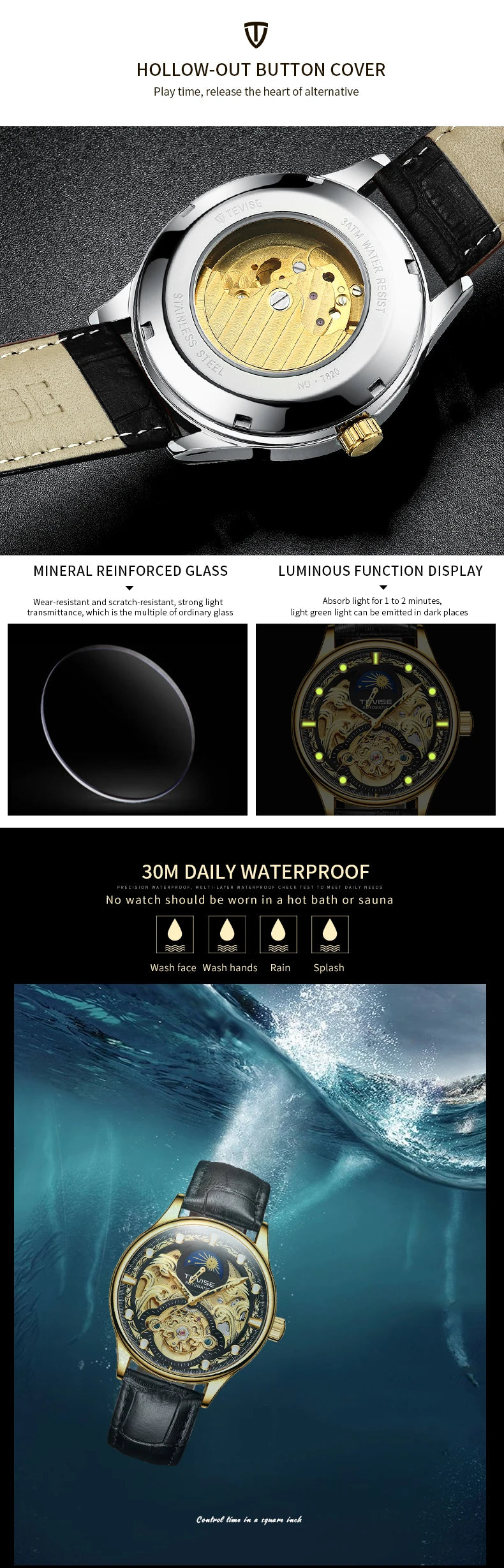 TEVISE New Watch Hollow out Waterproof Business Casual Watch Fully Automatic Men's Mechanical Watch T820D